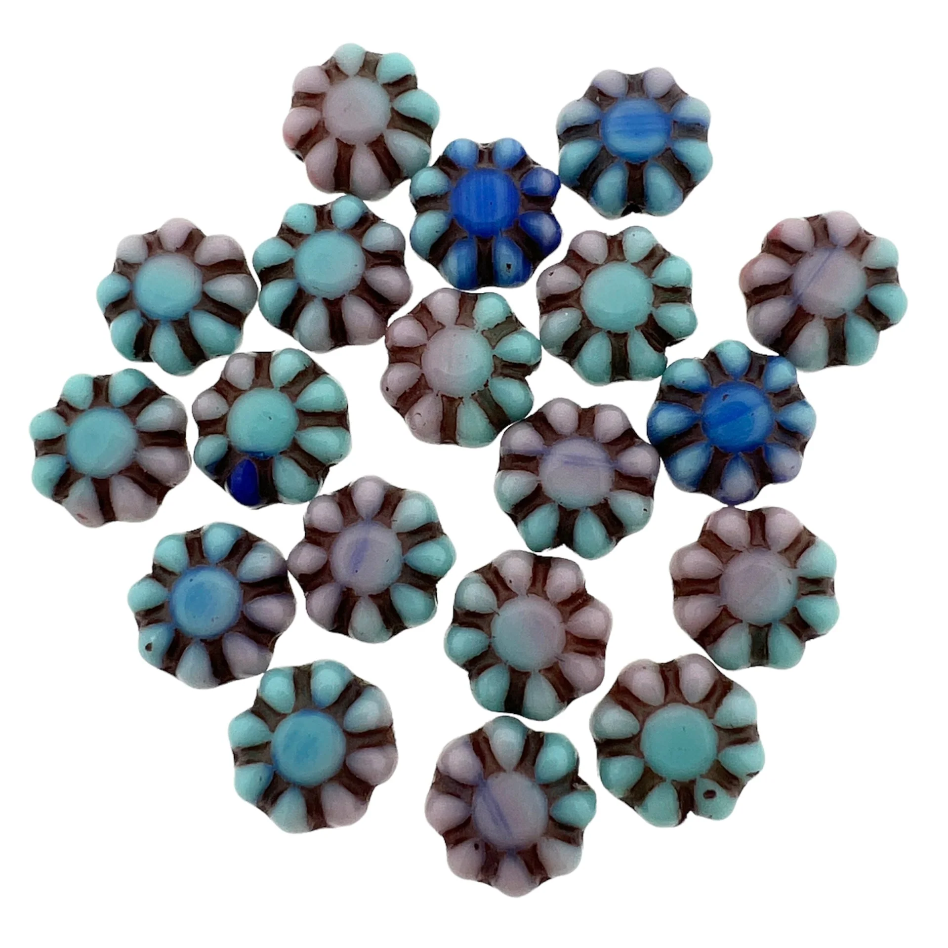 Tsjechisch glas bloemetjes pink-blue 9mm - 5 stuks