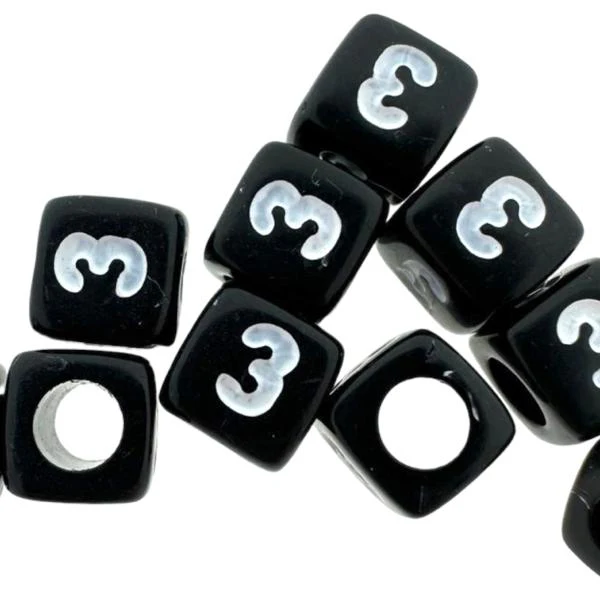 Acryl cijferkralen vierkant Ø3,6mm 3 zwart 6mm - 10 stuks