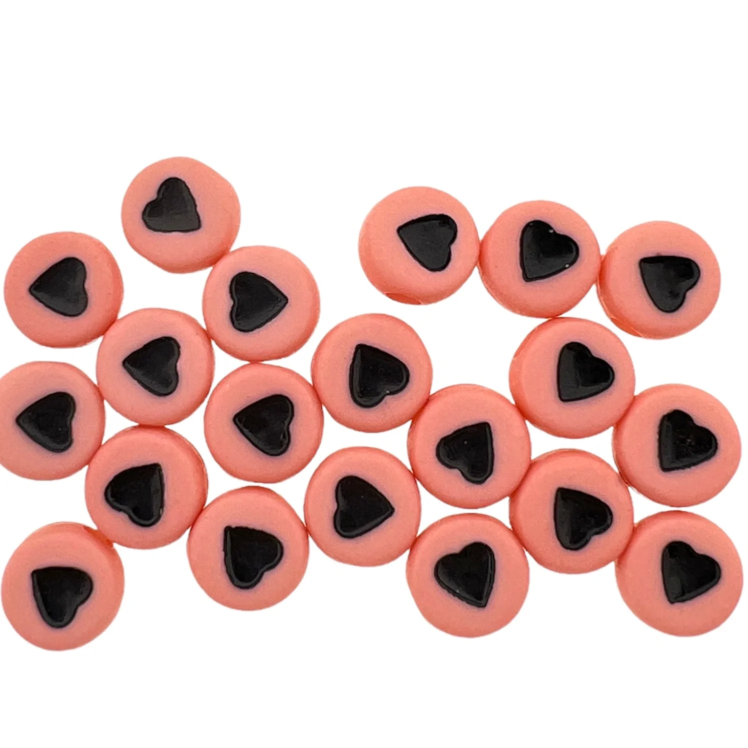 Acryl hartjes rond peach-zwart 7mm - 20 stuks