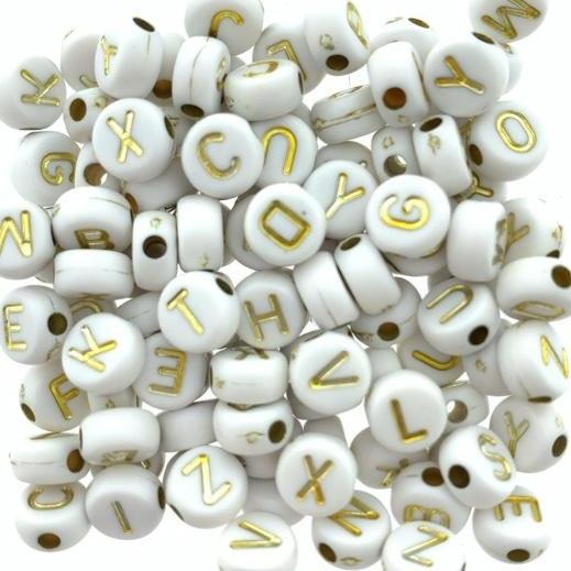 Acryl letterkralen wit-goud 7mm - 100 stuks