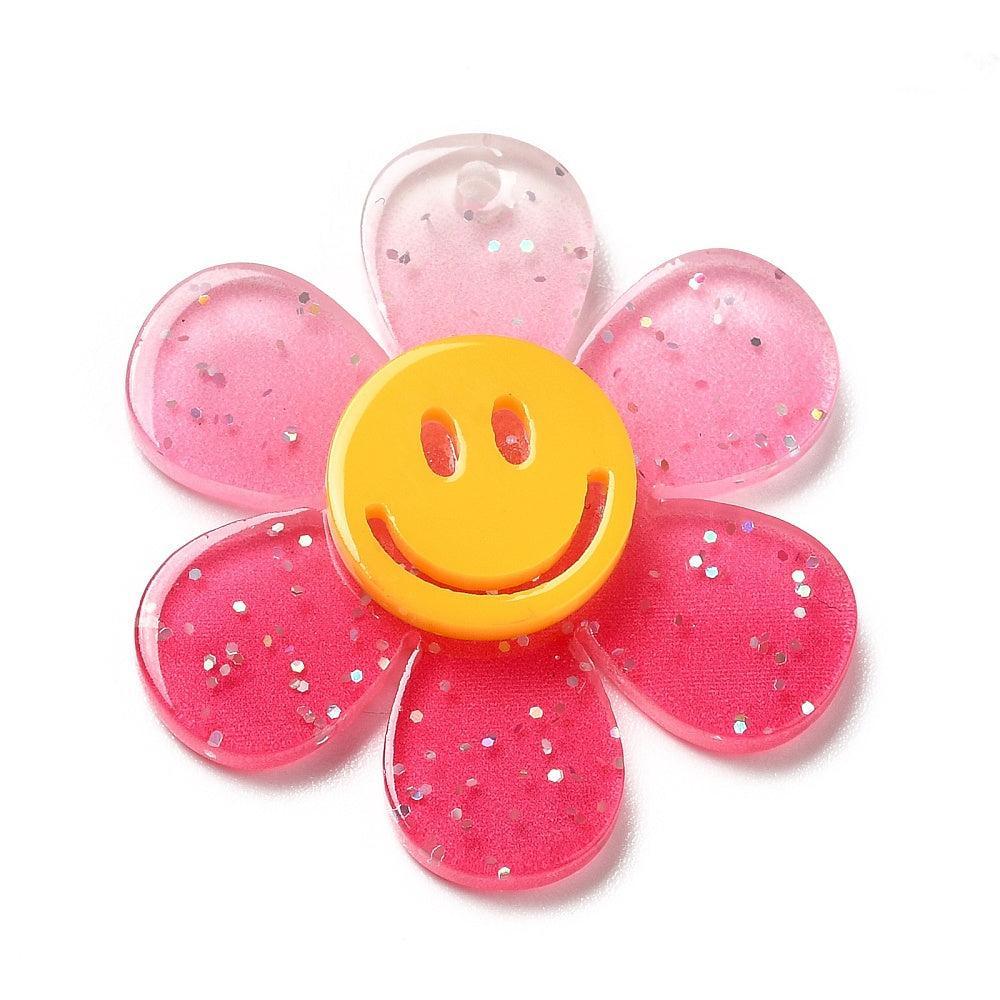 Bedel acryl bloem smiley pink glitter 30mm- per stuk