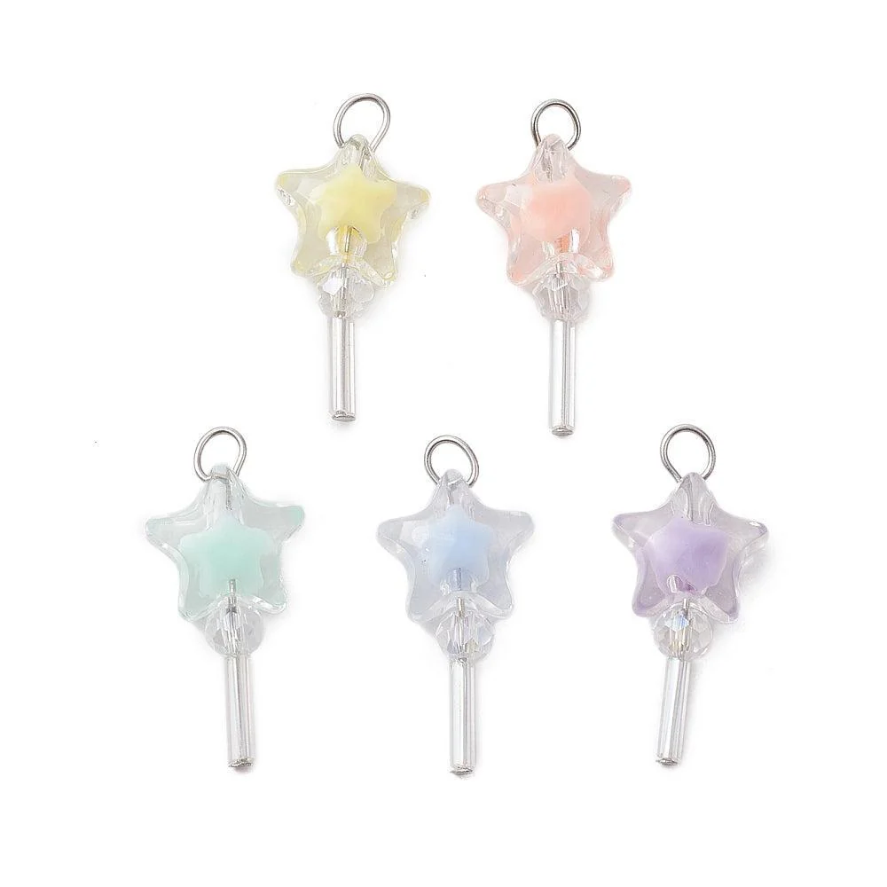 Bedel acryl lolly sterretje gekleurd RVS zilver 24mm- per 5 stuks