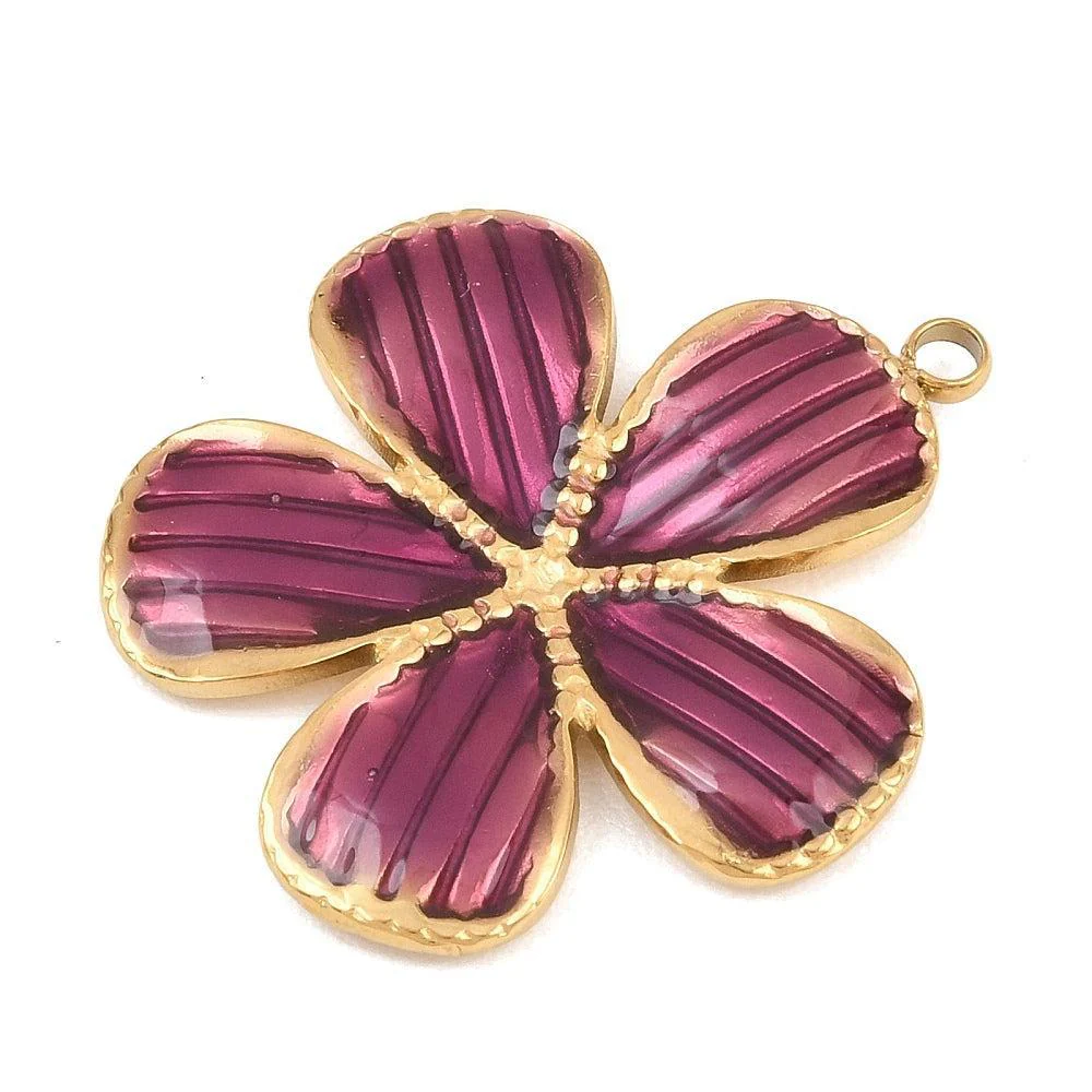 Bedel bloem RVS goud emaille paars 34mm - per stuk - Image 2