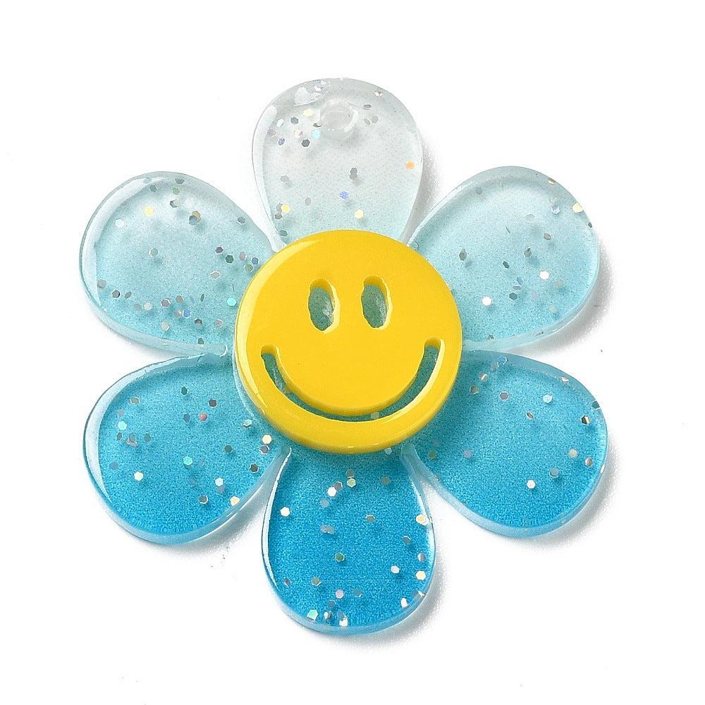 Bedel acryl bloem smiley blauw glitter 30mm- per stuk