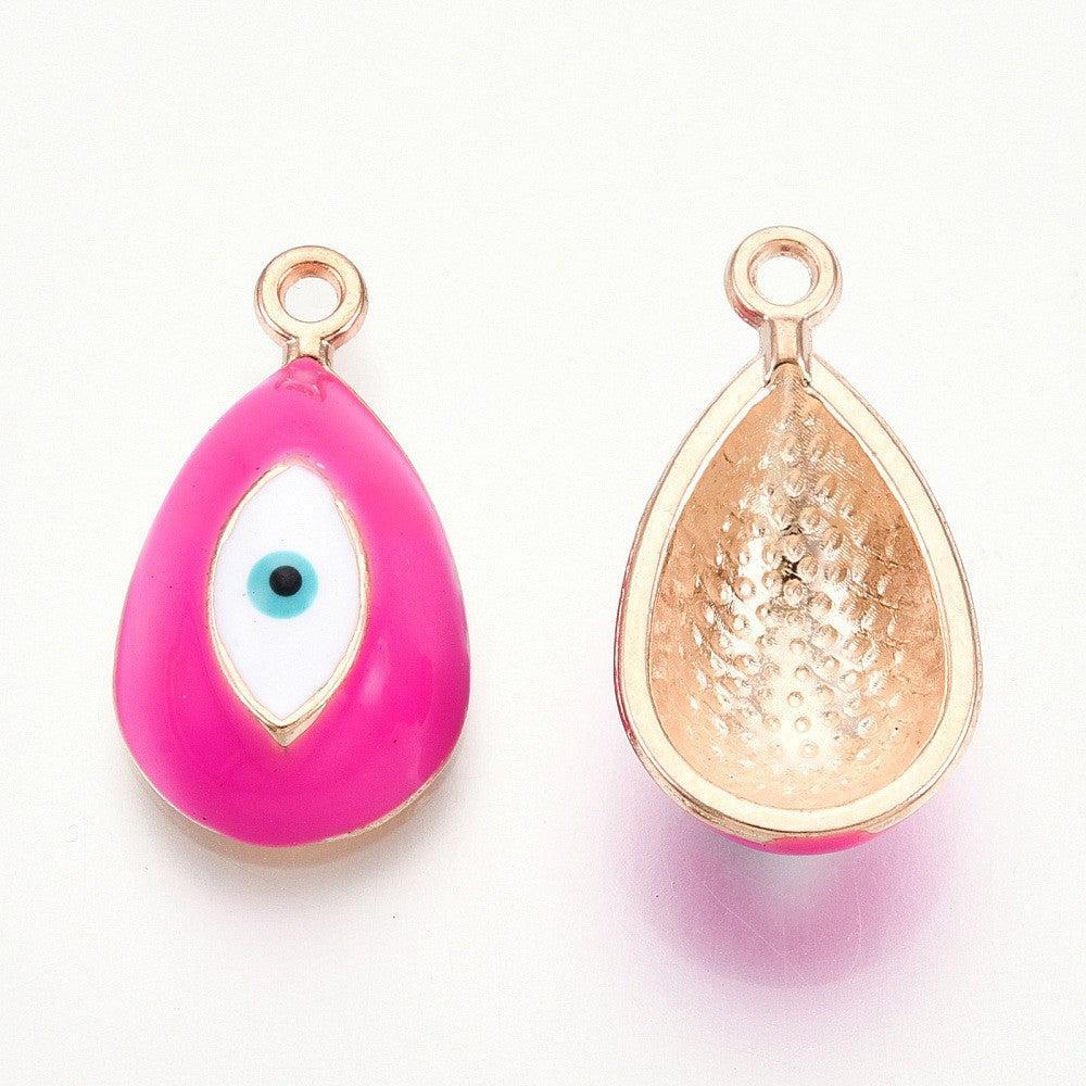 Bedel Druppel Evil Eye Emaille Roze / Goud 21mm - per stuk - Image 3