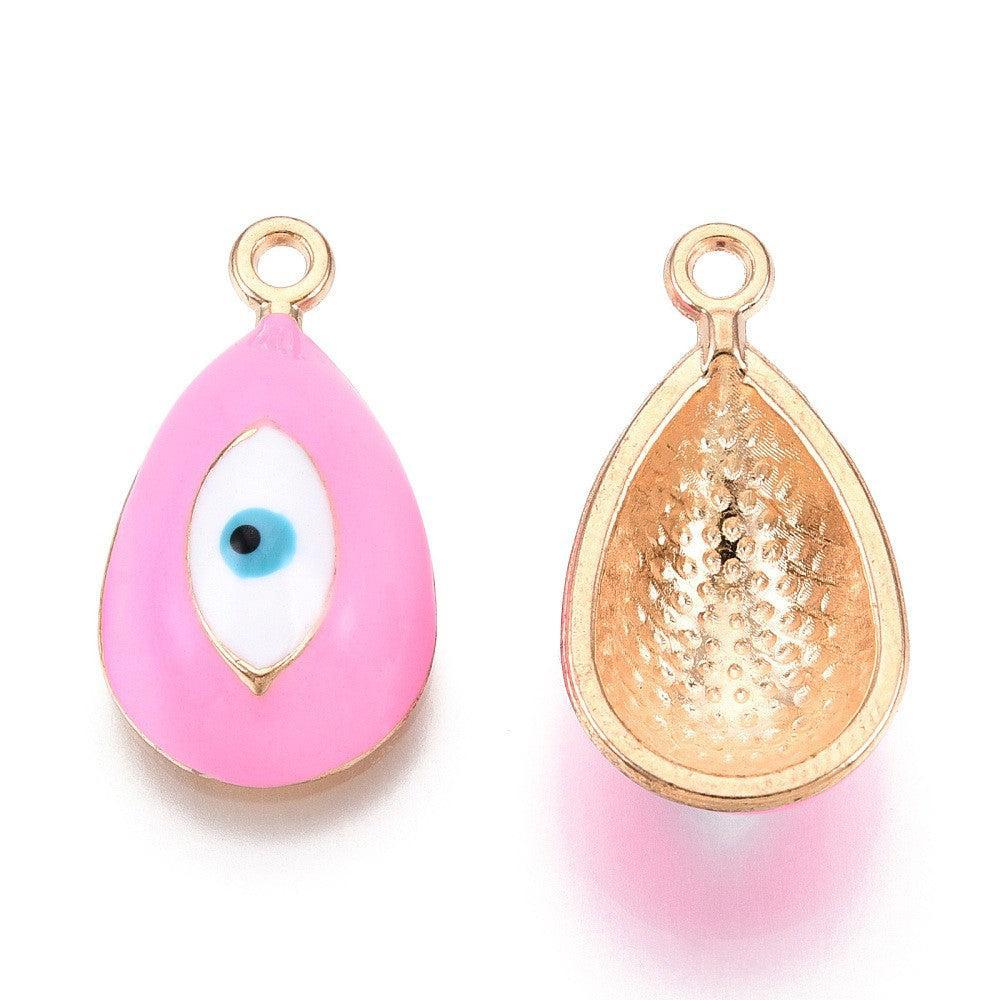 Bedel Druppel Evil Eye Emaille Roze / Goud 21mm - per stuk - Image 3