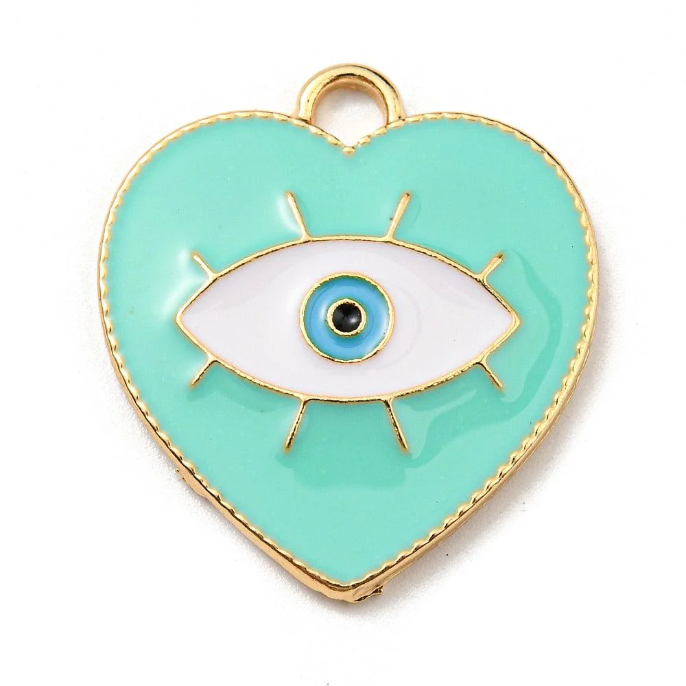 Bedel emaille hart Eye Aquamarine goud 26mm