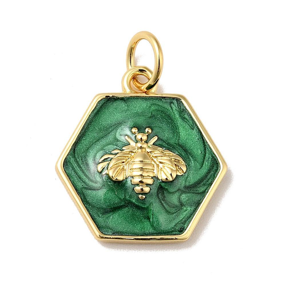 Bedel emaille bee groen 18K gold plated 15x14mm - per stuk