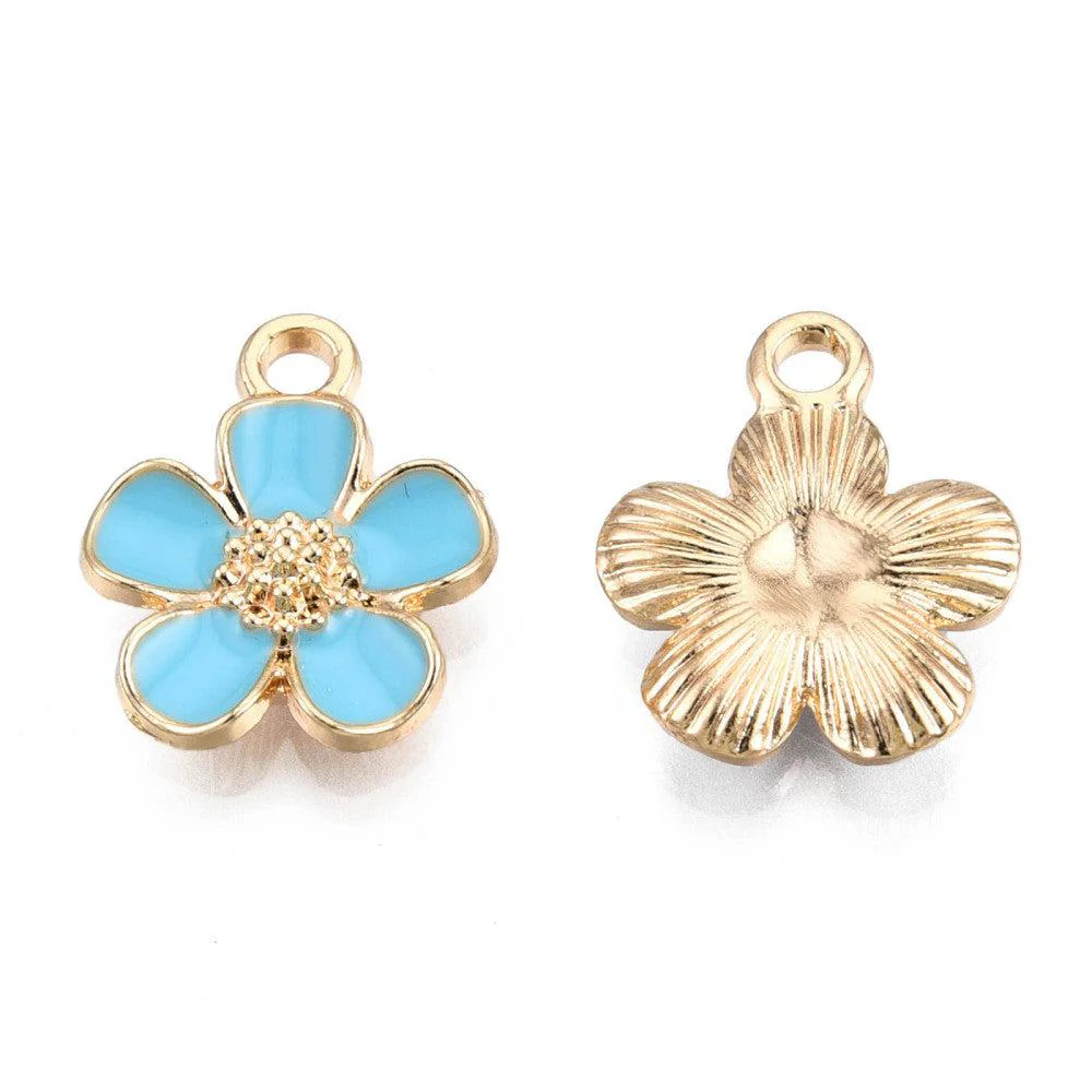 Bedel emaille bloem blauw-goud 16x13mm