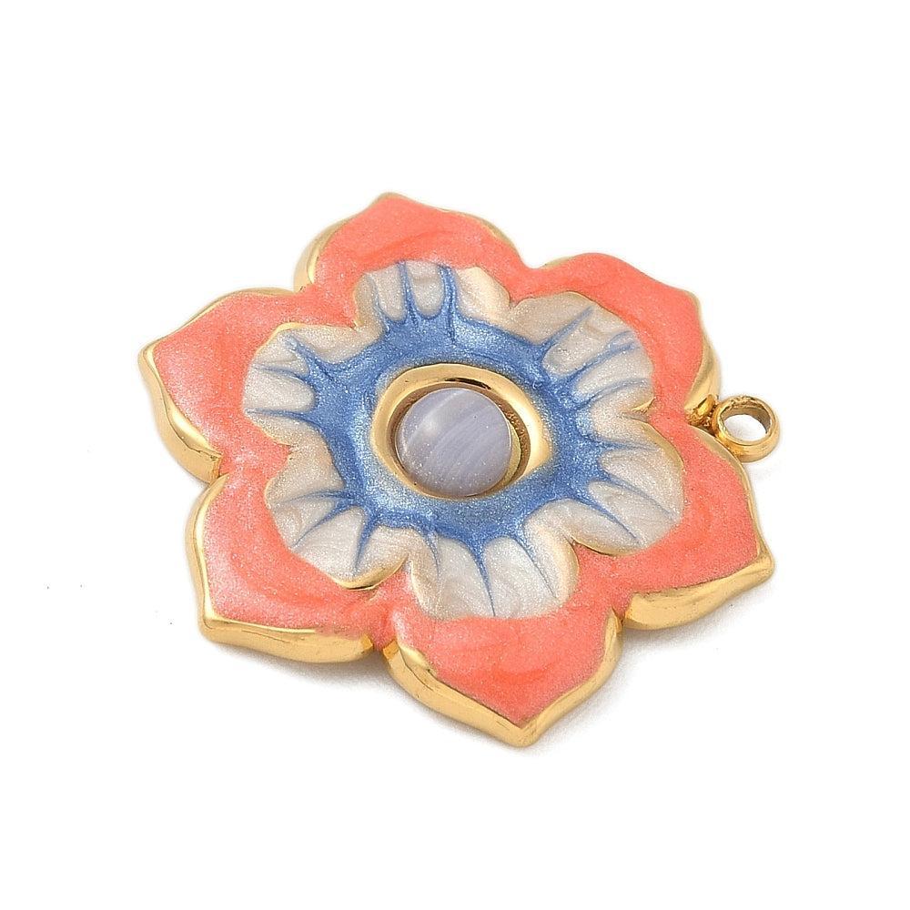 Bedel emaille bloem coral 18K goud 21,5mm - per stuk - Image 2