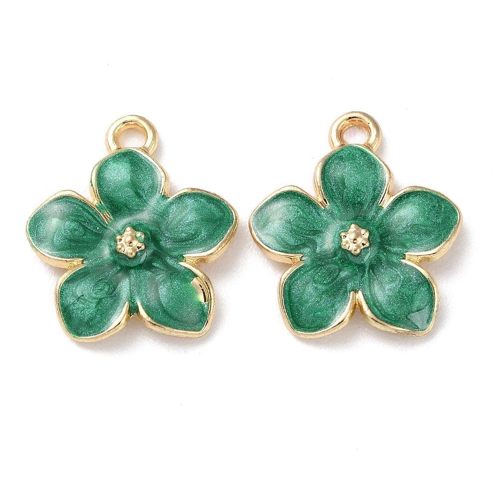 Bedel emaille bloem groen/goud 18x14mm- per stuk