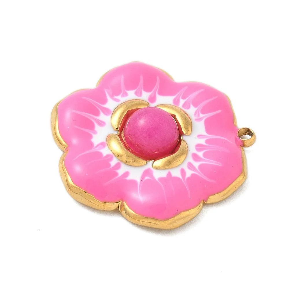 Bedel emaille bloem hot pink 18K goud 22mm - per stuk - Image 2