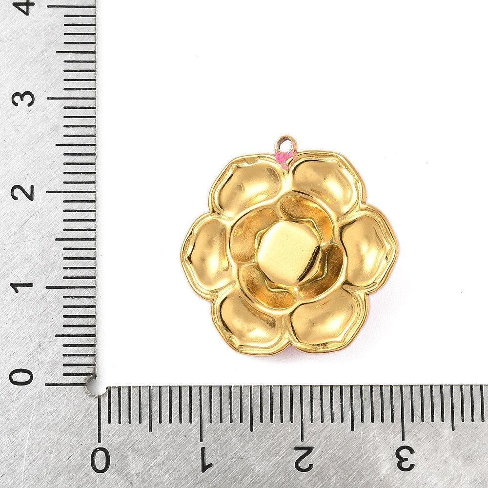 Bedel emaille bloem hot pink 18K goud 22mm - per stuk - Image 3
