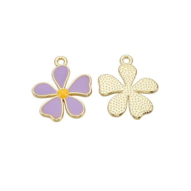 Bedel emaille bloem paars/goud 20x17mm- per stuk