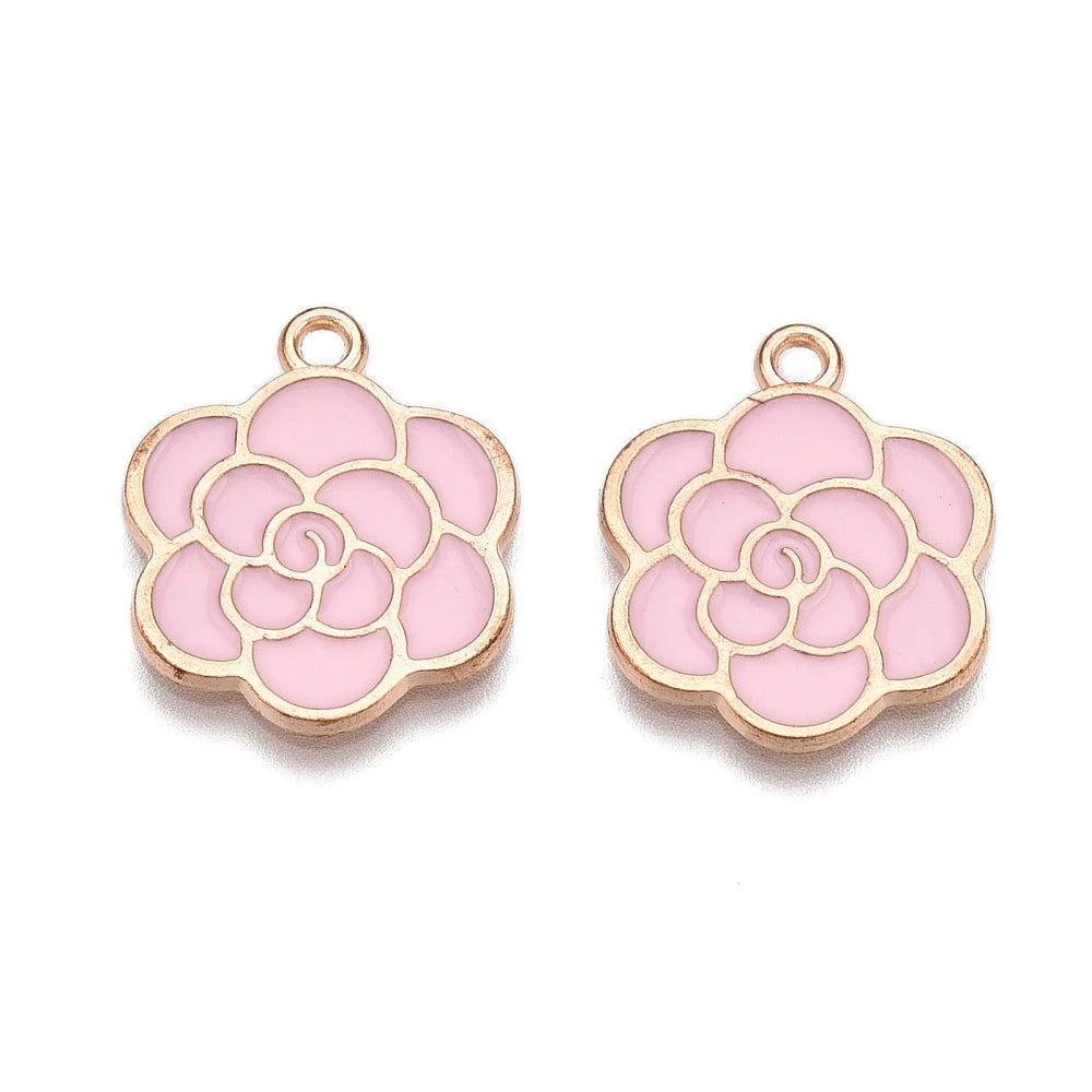 Bedel emaille bloem goud roze 21x18mm