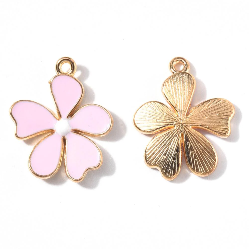 Bedel emaille bloem roze/goud 20x18mm