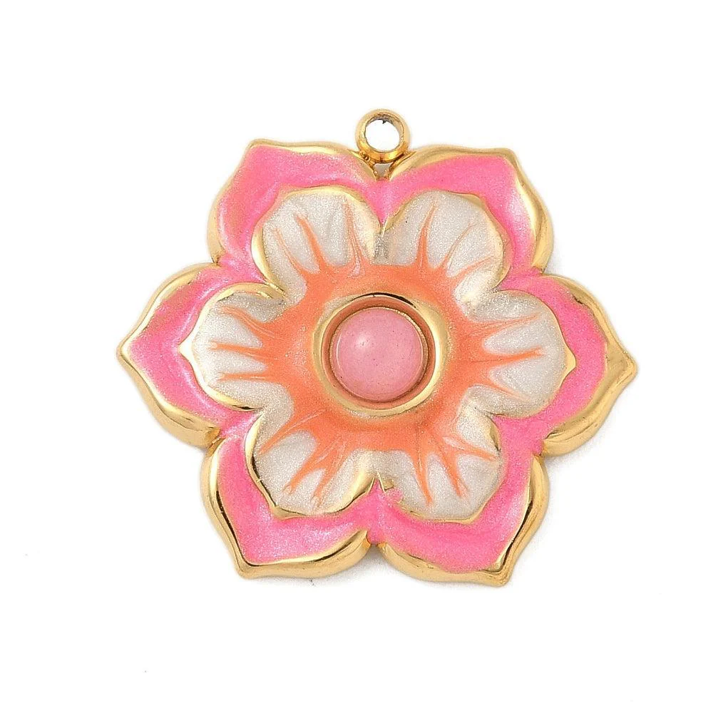 Bedel emaille bloem salmon 18K goud 21,5mm - per stuk