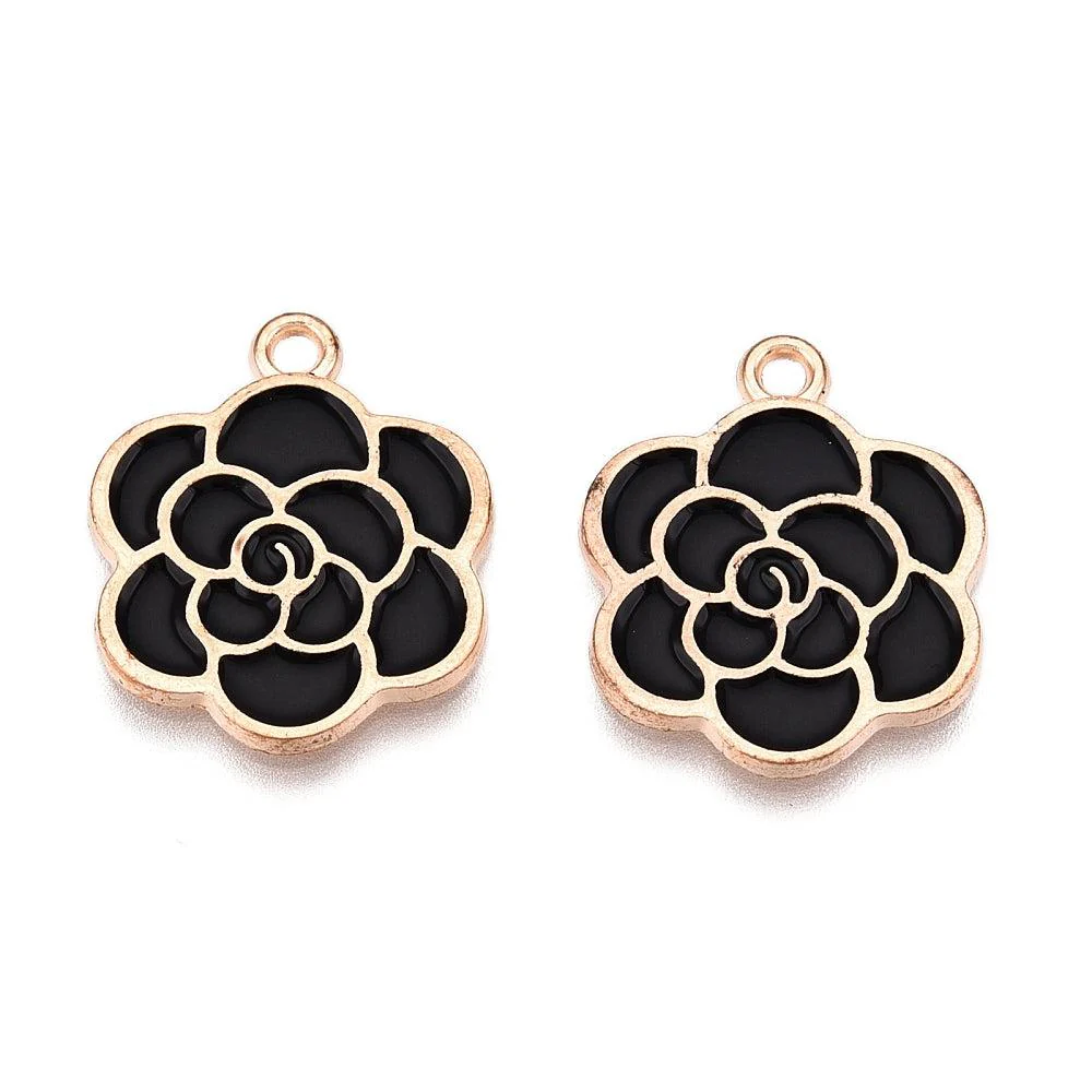 Bedel emaille bloem goud zwart 21x18mm