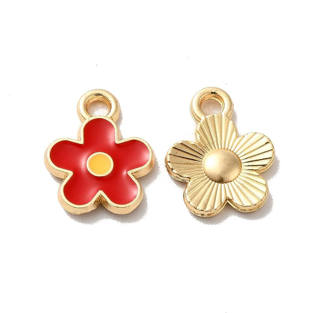 Bedel emaille bloemetje rood-goud 13x10mm - per stuk