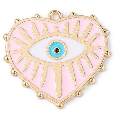 Bedel emaille hart evil eye licht roze/goud 28mm