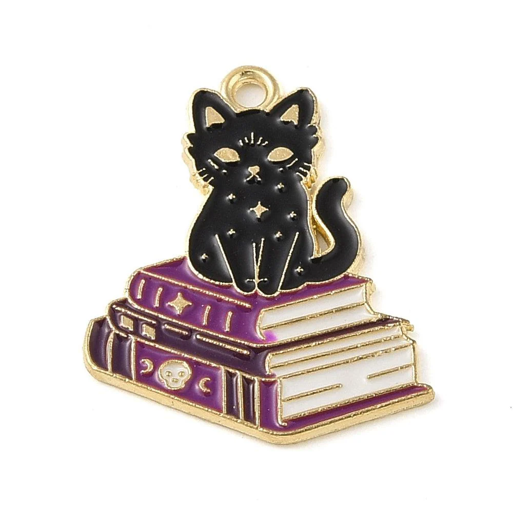 Bedel emaille halloween kat boeken goud 27x22mm