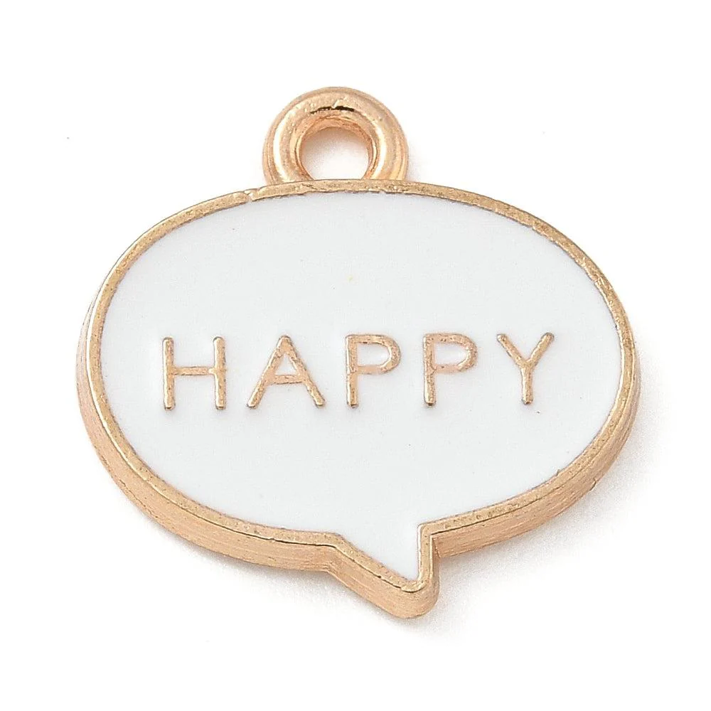 Bedel emaille 'happy' wit goud 15x2mm - per stuk