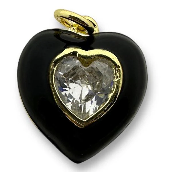 Bedel emaille hart 16K gold plated zirconia Zwart 18mm