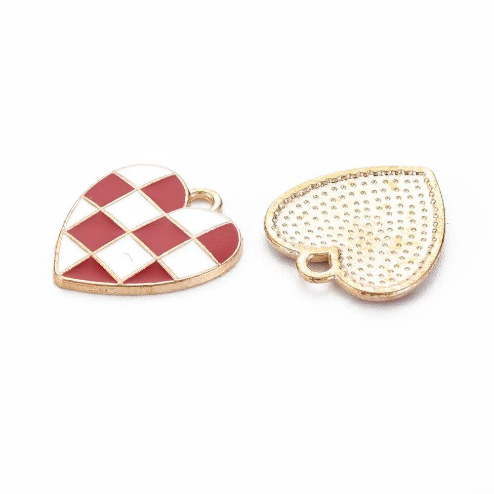 Bedel emaille hart geruit rood-wit goud 18x16mm - Image 2