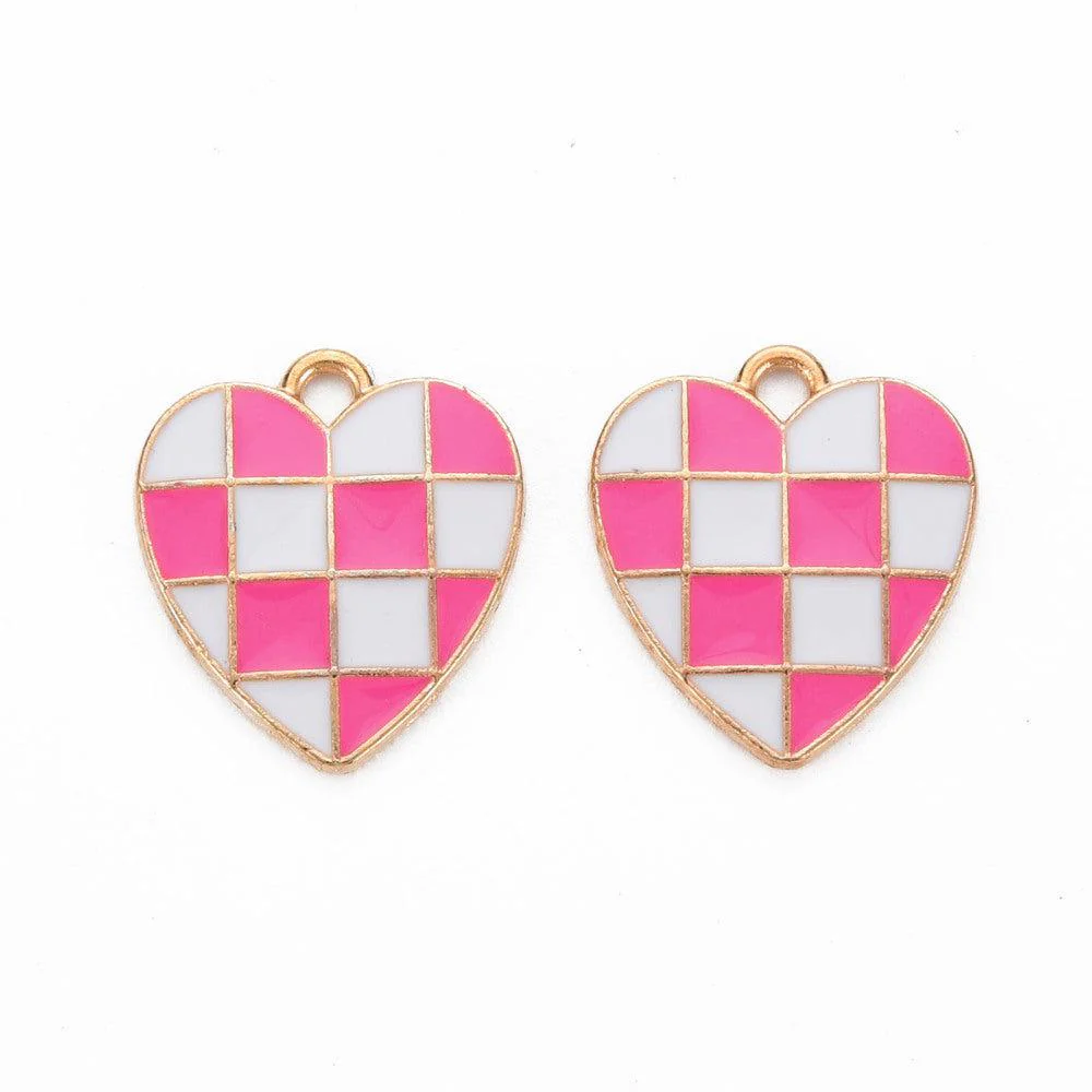 Bedel emaille hart geruit roze-wit goud 18x16mm