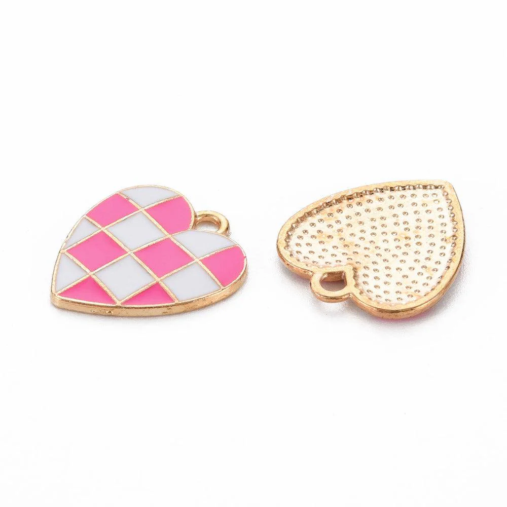 Bedel emaille hart geruit roze-wit goud 18x16mm - Image 2