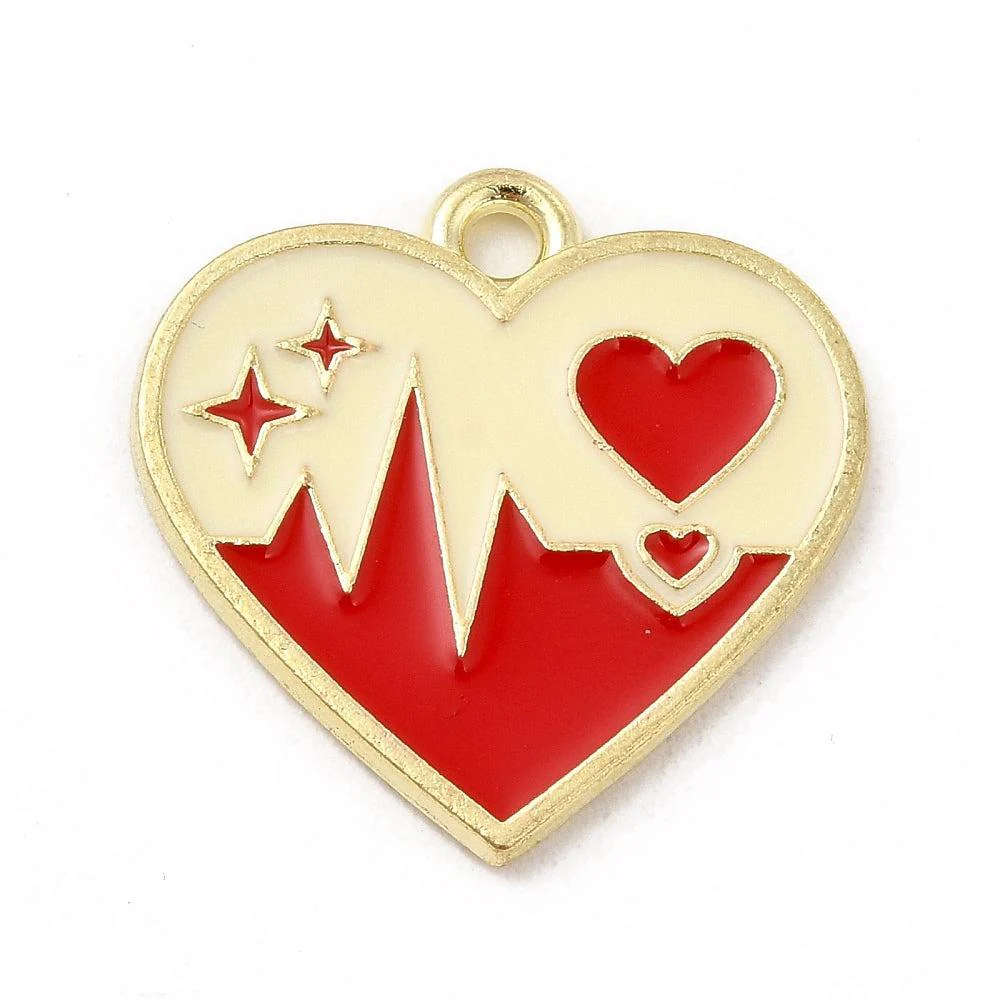 Bedel emaille hart met print rood-beige goud 20mm