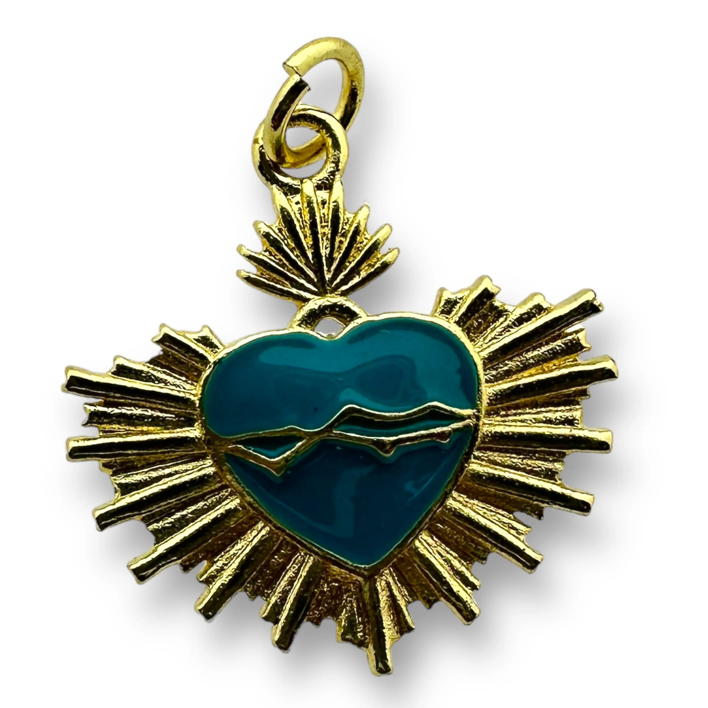 Bedel emaille heilig hart Aqua gold plated 20mm - per stuk