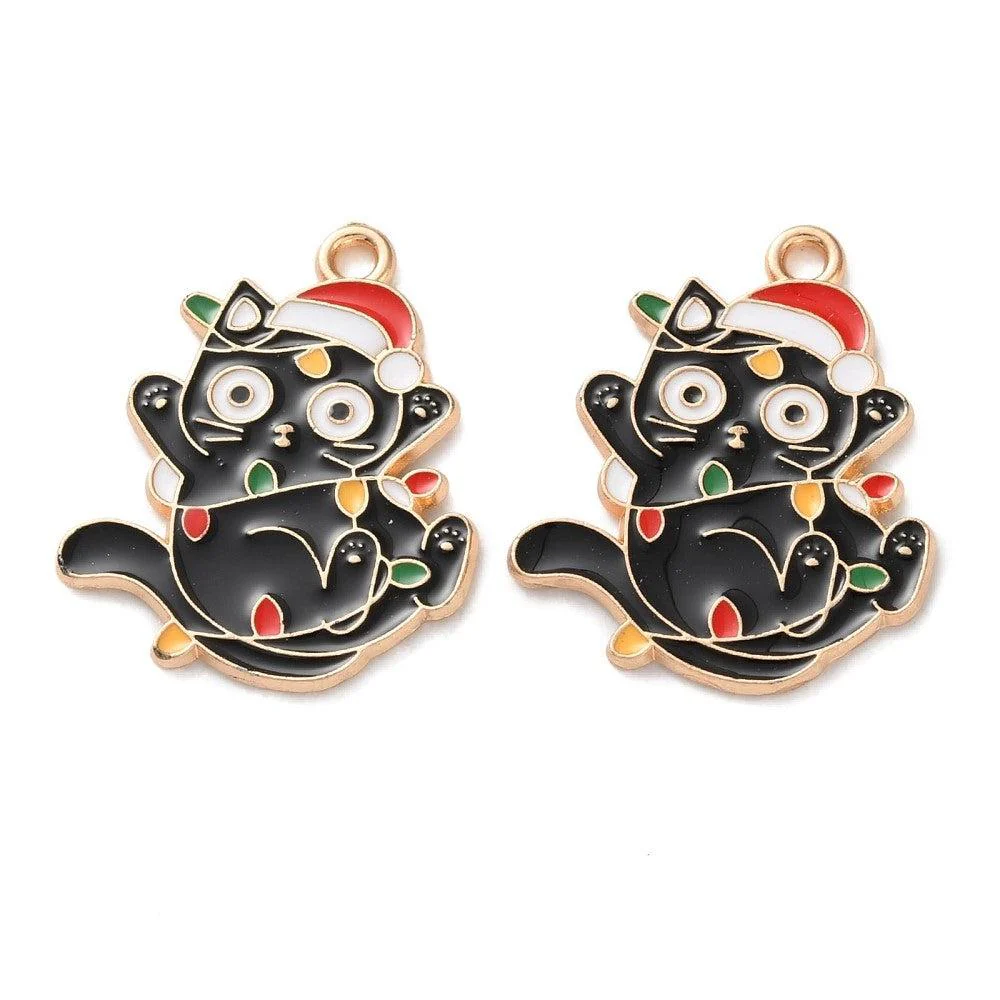 Bedel emaille kat met kerstmuts goud 25x21mm - per stuk - Image 2