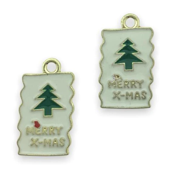 Bedel emaille kerstboom wit goud 21x12mm