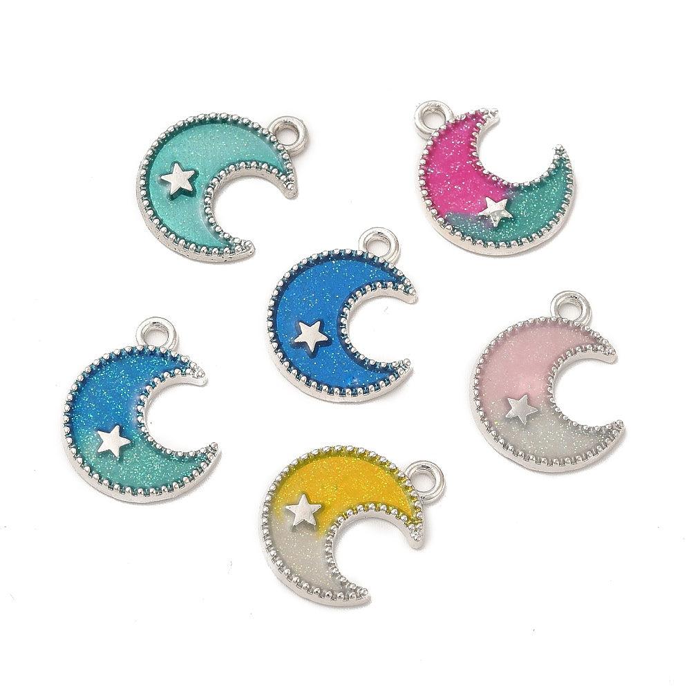 Bedel emaille maan glitter zilver 18mm