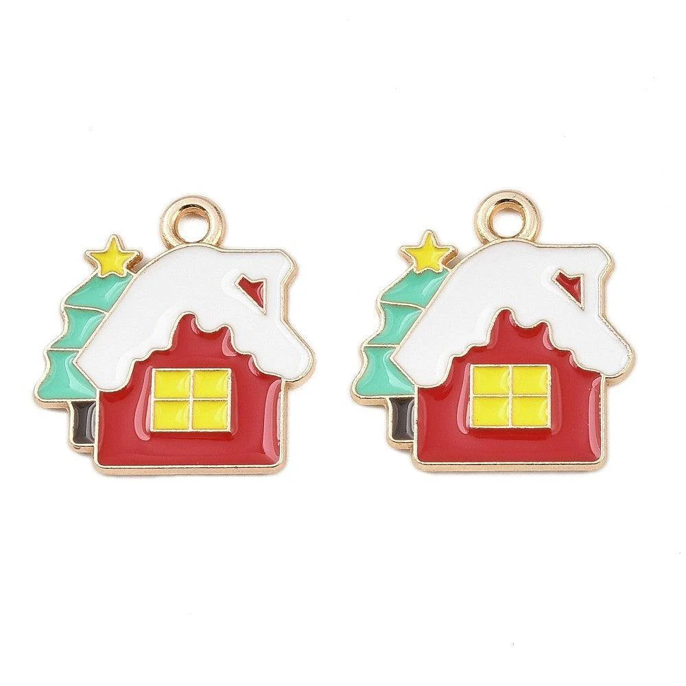Bedel Huisje Kerst Emaille / Goud 18mm - per stuk