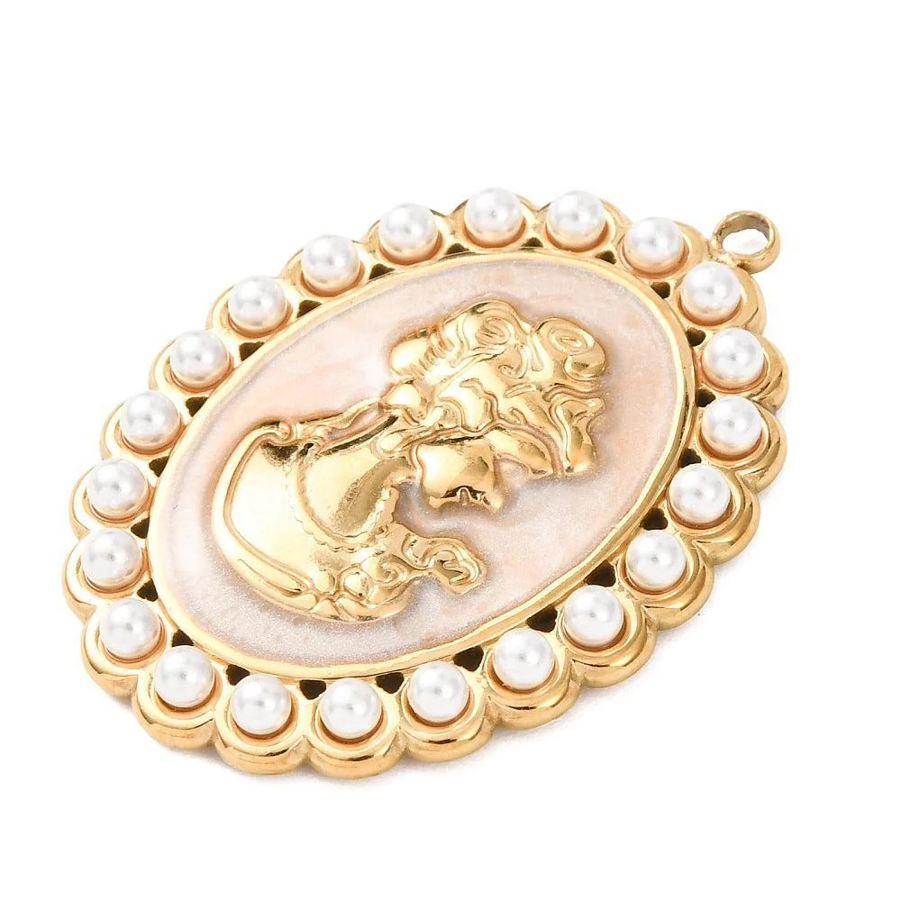 Bedel ovaal woman parels RVS goud 35mm - per stuk - Image 2