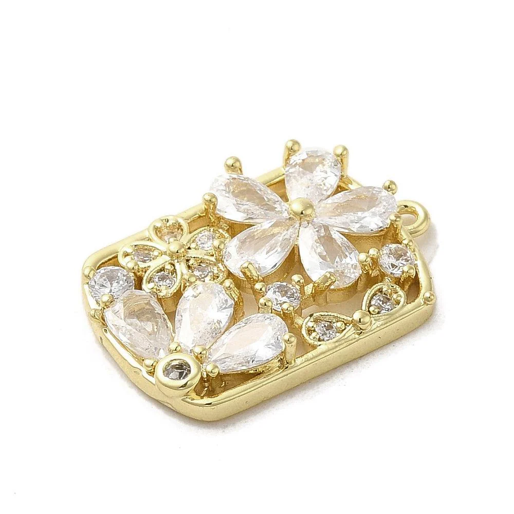 Bedel rechthoek bloemen zirconia goud 21x14mm - Image 2