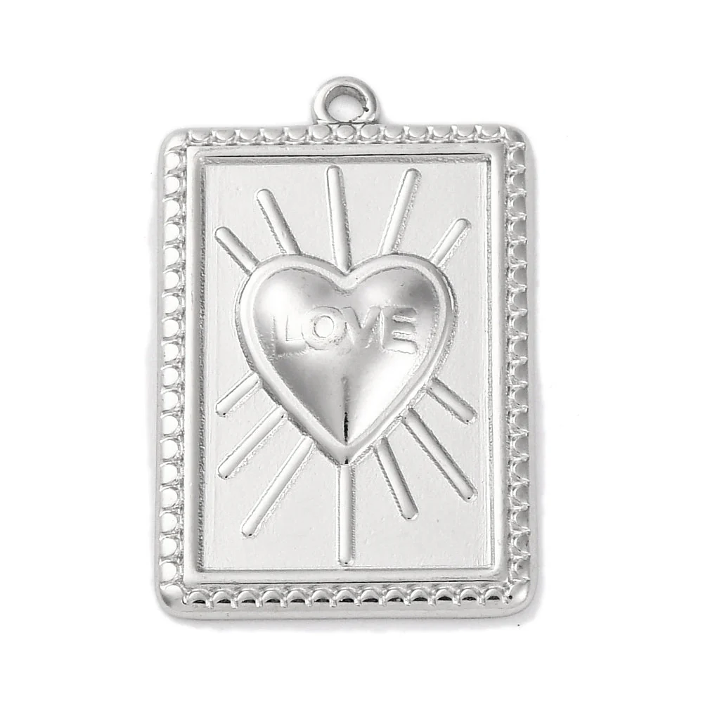 Bedel rechthoek met hart "love" RVS zilver 18x28mm - per stuk