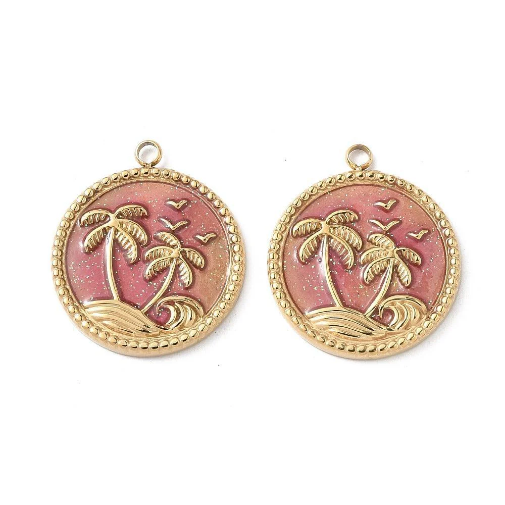 Bedel rond met palmbomen Roze 18k Gold Plated 20mm- per stuk