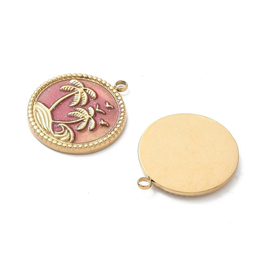 Bedel rond met palmbomen Roze 18k Gold Plated 20mm- per stuk - Image 2