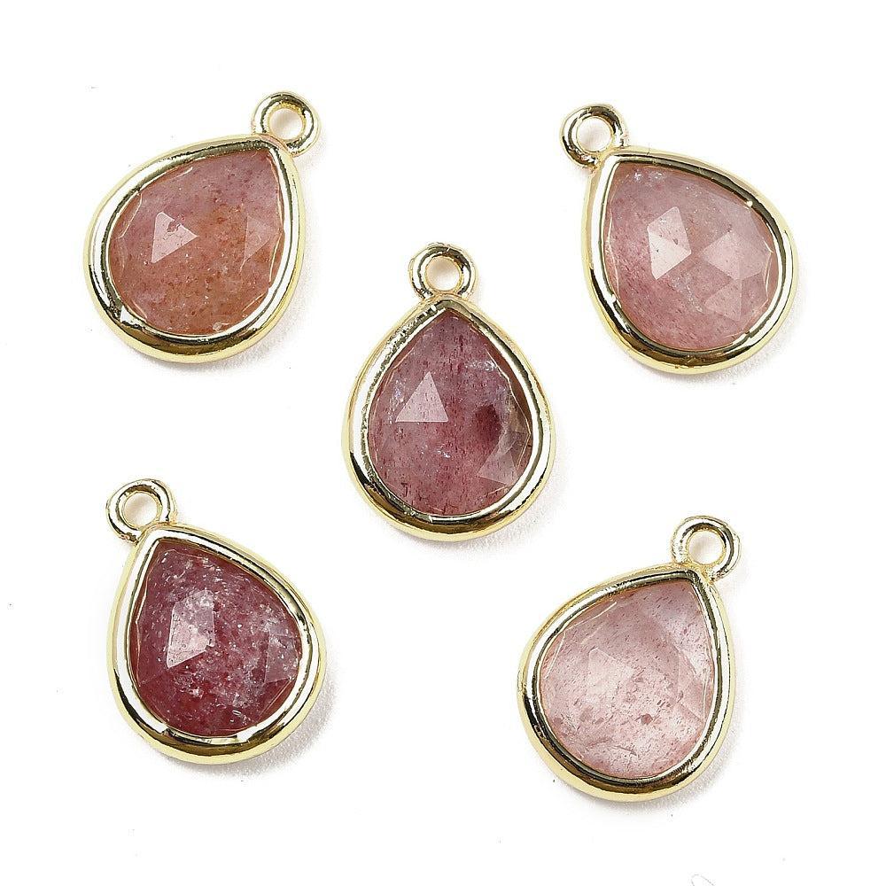 Bedel strawberry quartz druppel 14mm goud- per stuk