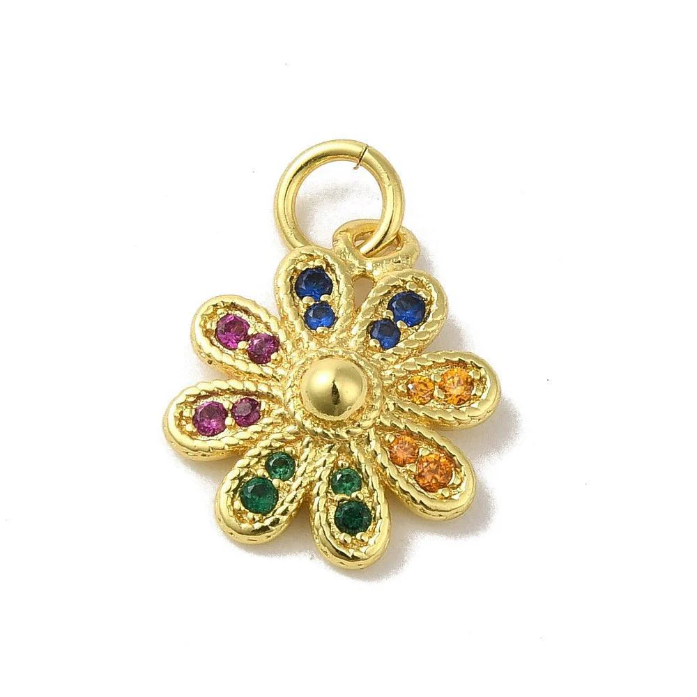 Bedel zirconia bloemtje gekleurd 18K brass goud 14,5mm- per stuk