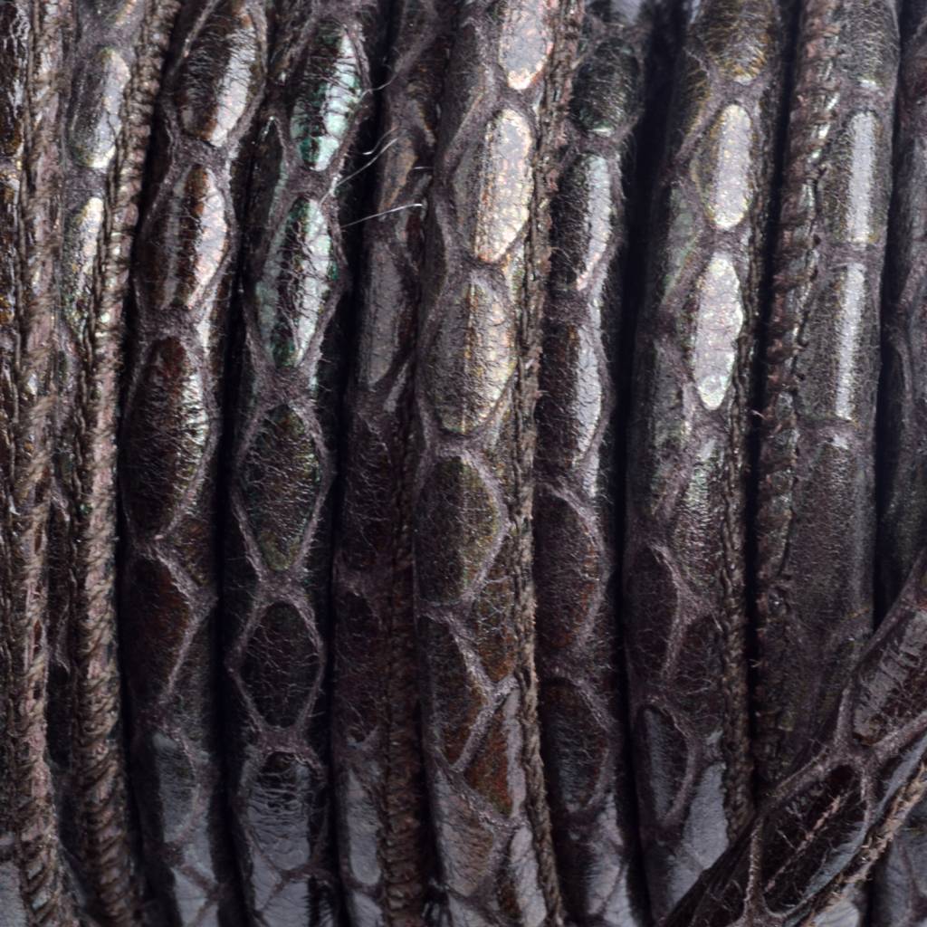 Stitched leer PQ donker bruin metallic snake 6mm - per cm