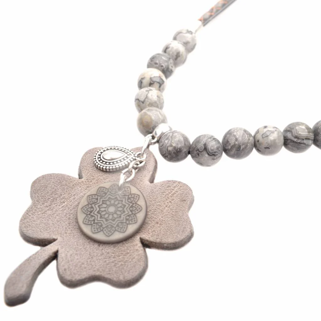 DIY Edelsteen & Leer ketting lang Taupe grey - Image 2