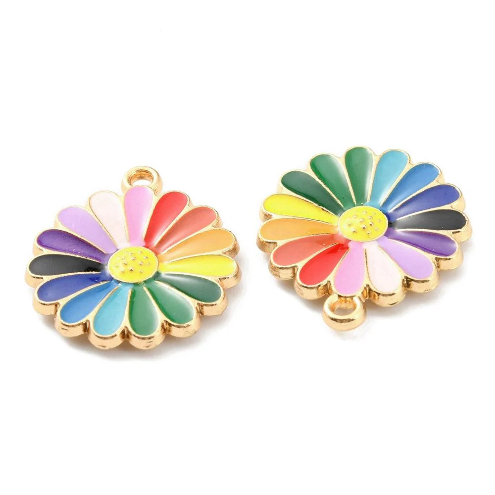 Emaille bedel bloem rainbow goud 21x18mm