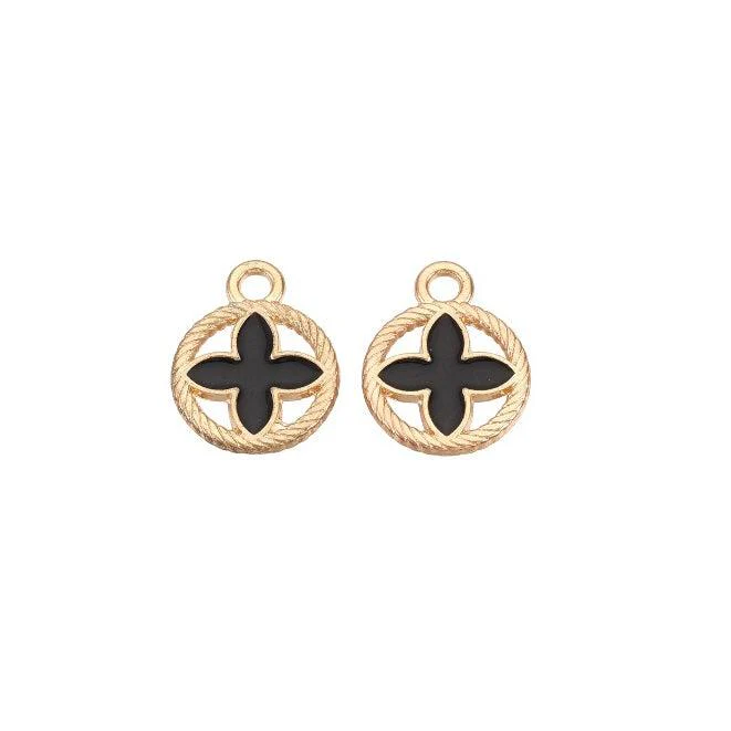 Emaille bedel bloem zwart/goud 16x13mm