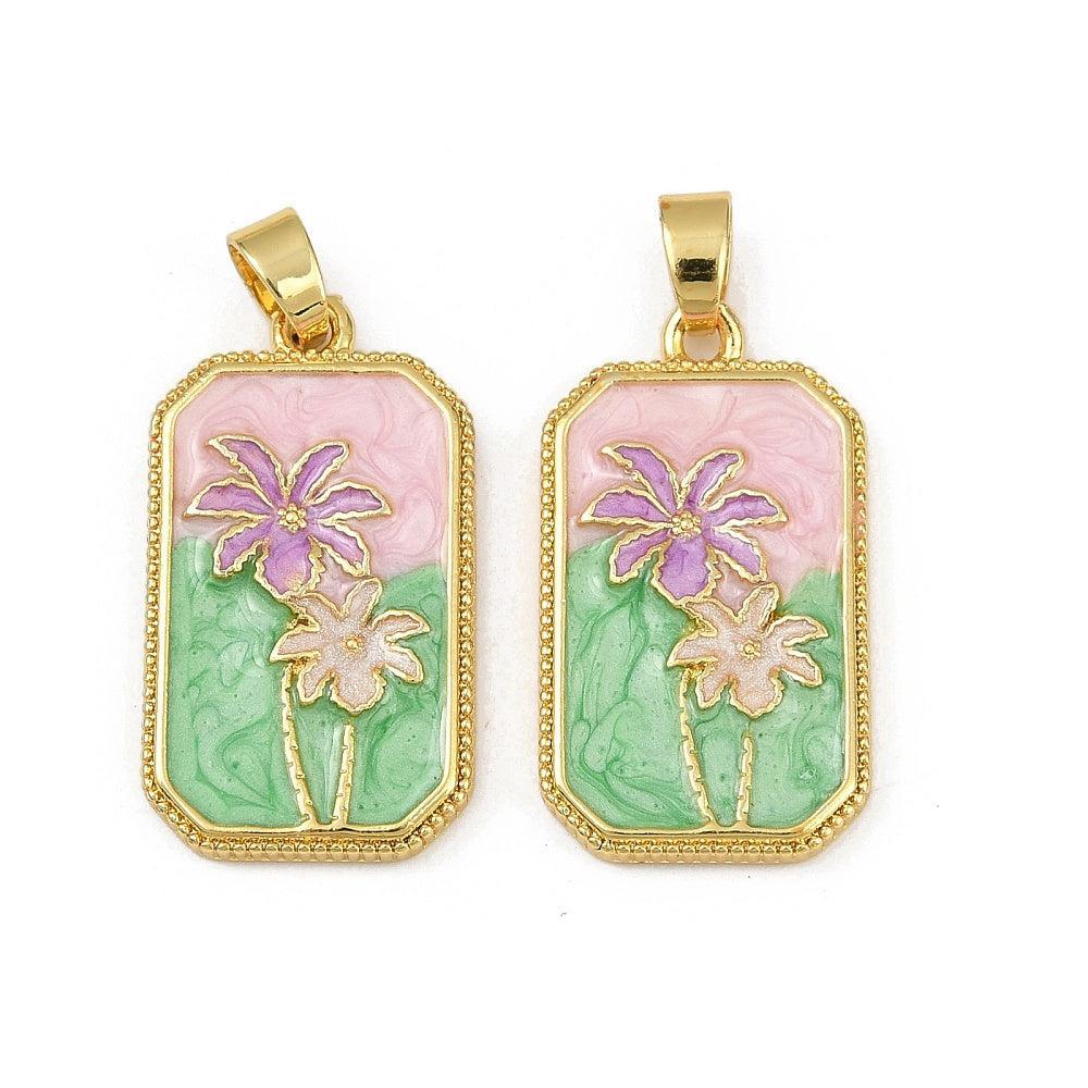 Emaille tarot bedel groen met roze en paarse bloemen 27.5mm - per stuk - Image 2