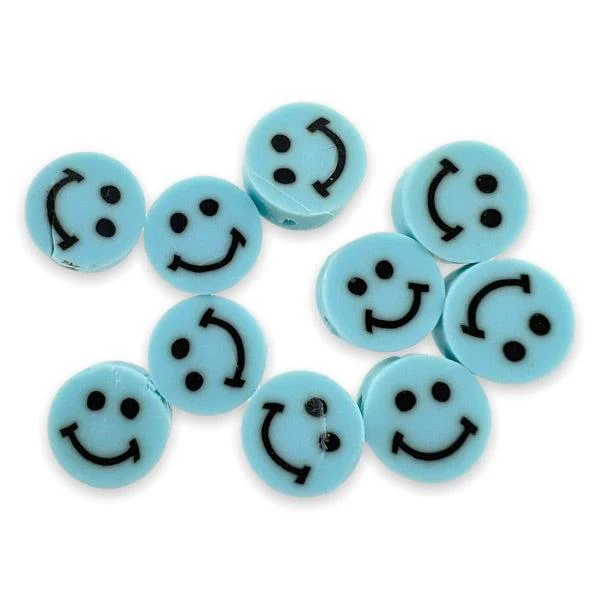 Fimo smiley kralen licht blauw 10mm - 10 stuks