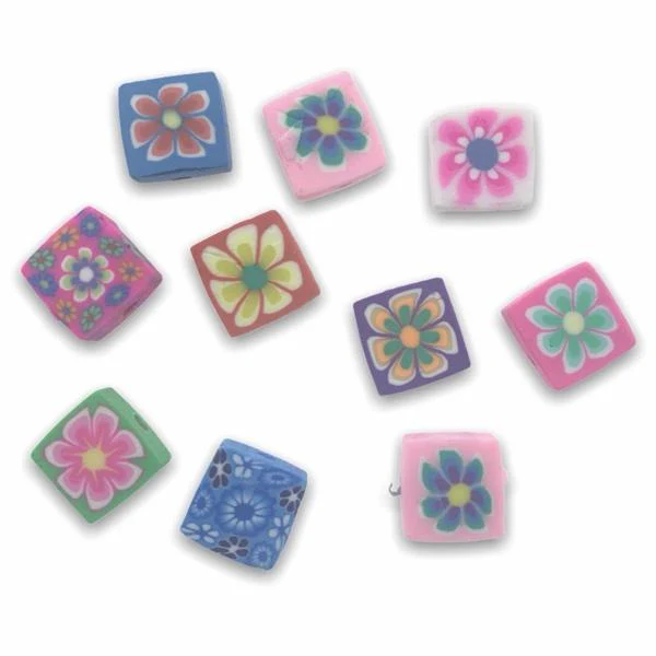 Fimo vierkantjes met bloem mix 10x10mm - 10 stuks